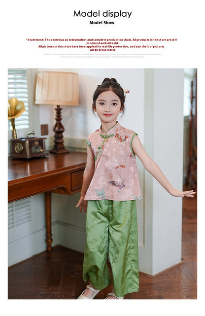 Retro Chinese Style Girls Two-Piece — Summer Cheongsam Top & Skirt