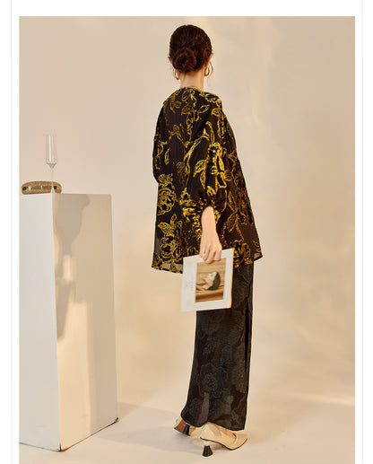 Velvet Burnout Jacket & Printed Cardigan Dress Set for Autumn