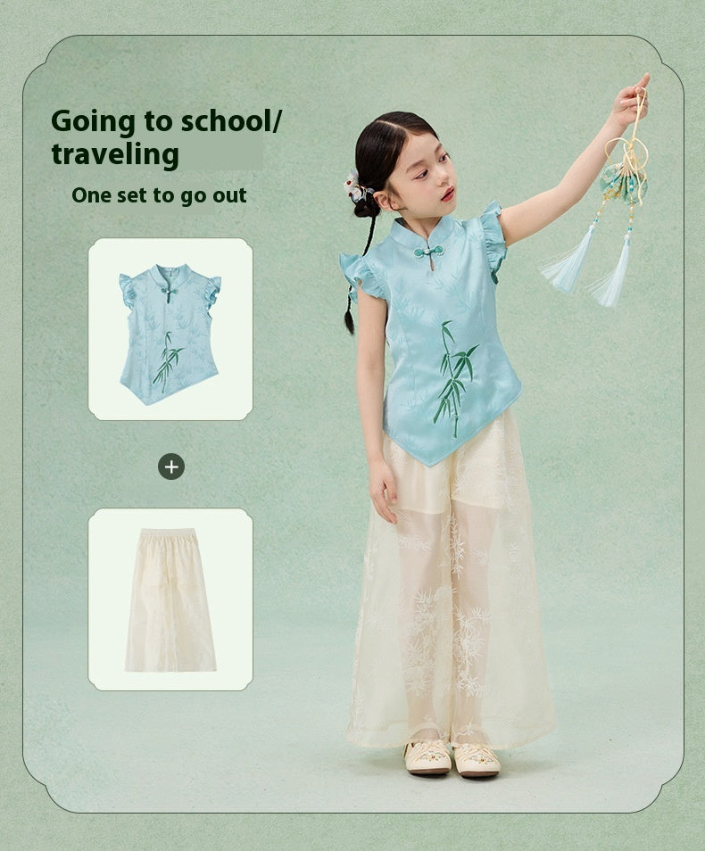 Children’s Chinese Summer Set — Shirt Top & Loose Wide-Leg Pants