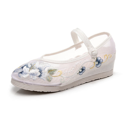 Ancient Style Mesh Embroidered Hanfu Shoes — 3cm Hidden Wedge Flats
