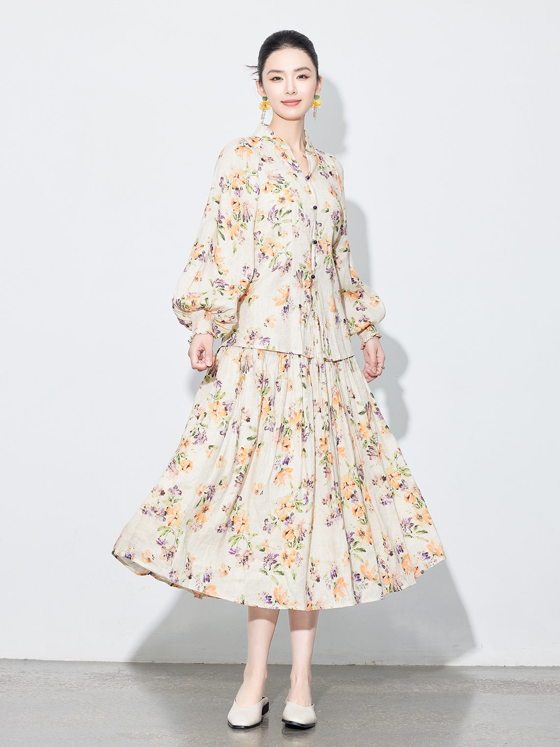 National Style Linen Floral Shirt & Skirt Two-Piece Set