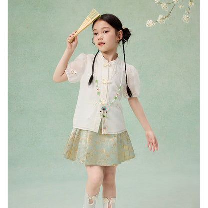 Girls Summer Hanfu Set — Short Sleeve Shirt & Mamian Skirt Two-Piece