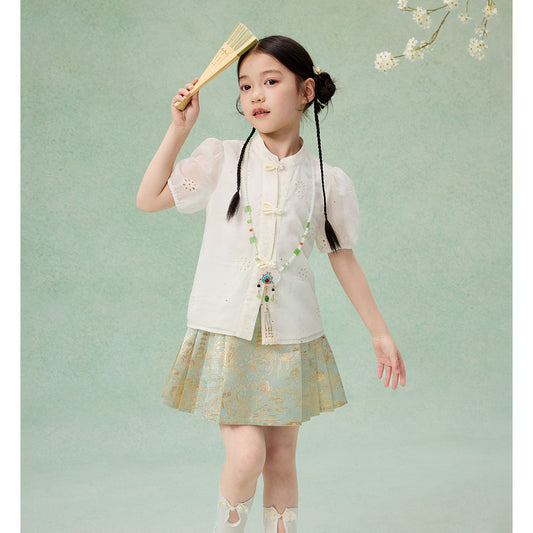 Girls Summer Hanfu Set — Short Sleeve Shirt & Mamian Skirt Two-Piece