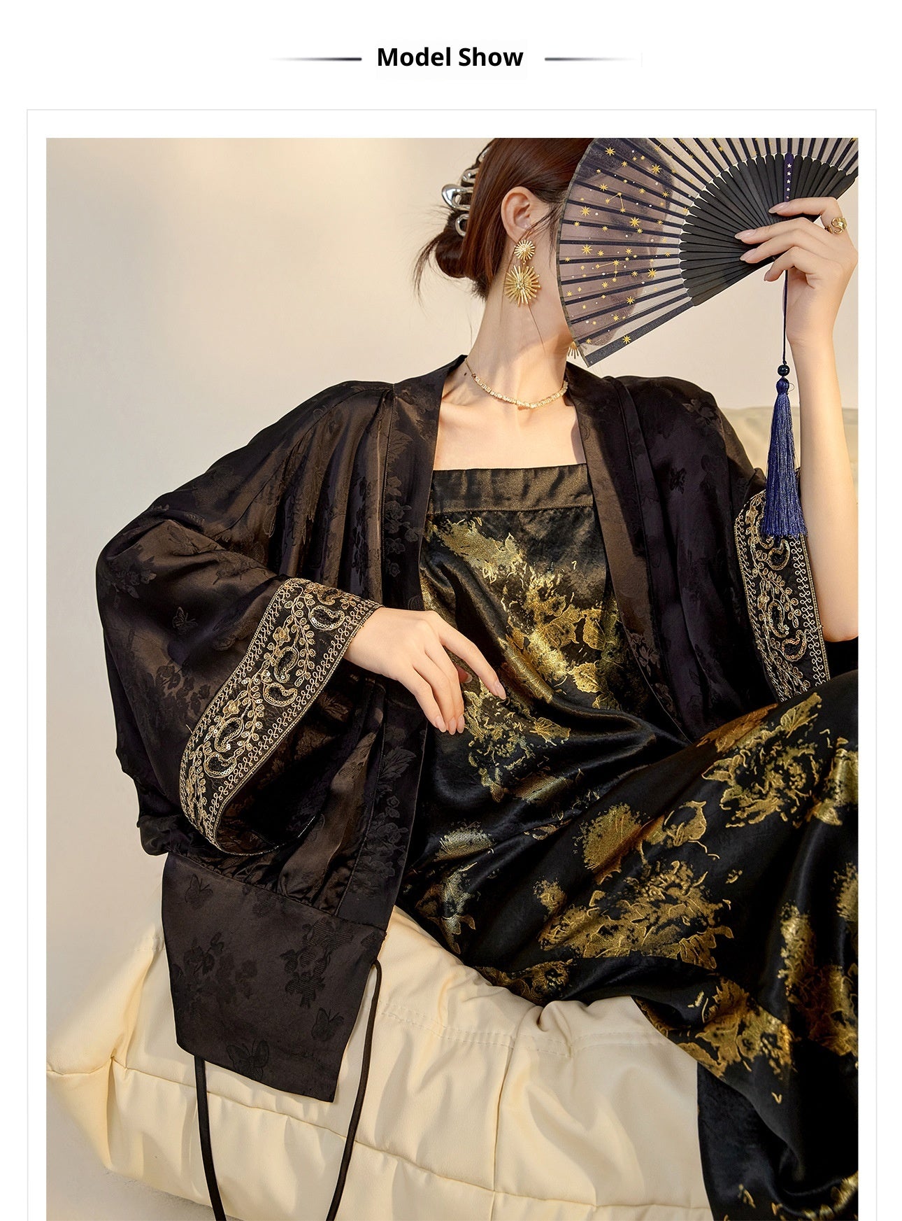 Summer New Chinese Printed Rayon Shirt & Strap Dress Set