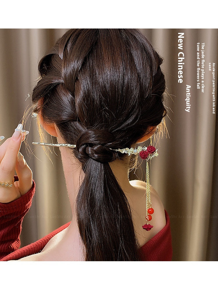 Velvet Rose Hairpin | Elegant Chinese Style Ancient Tassel Ornament