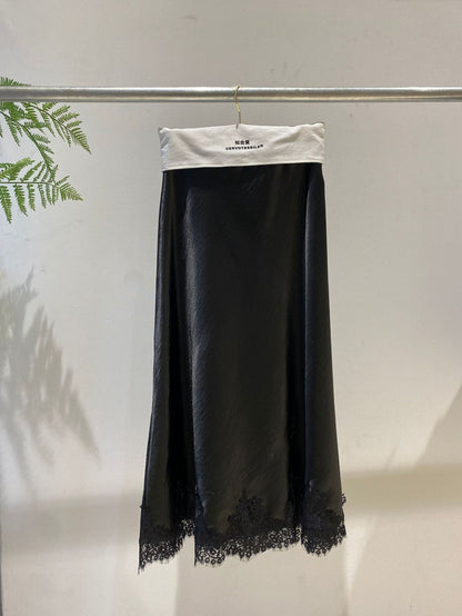 Elegant High-Waist Satin Lace Patchwork Skirt