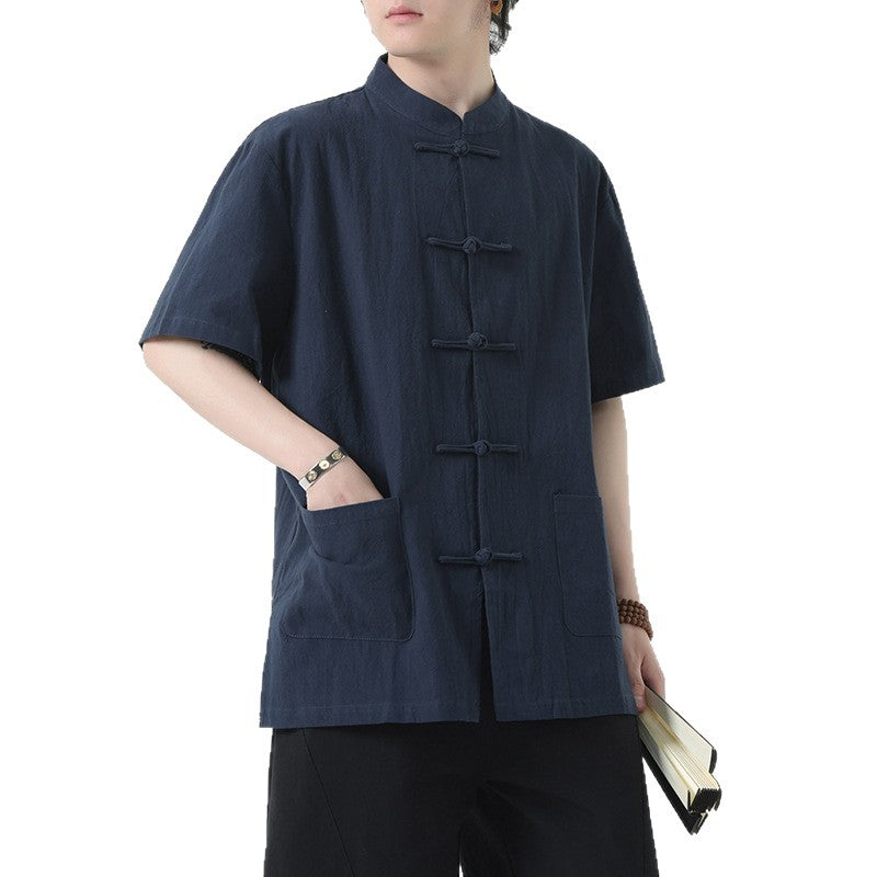 Chinese Style Mens Cotton Linen Shirt Half Sleeve Button Up Casual Top