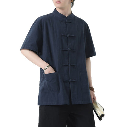Chinese Style Mens Cotton Linen Shirt Half Sleeve Button Up Casual Top