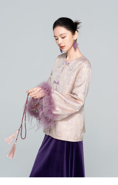 Stylish Satin Jacket with Unique Furry Sleeves