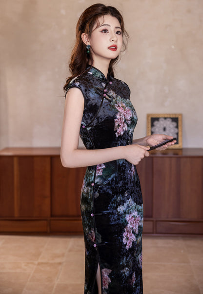 Ink Lotus Velvet Cheongsam – 2025 Elegant Autumn Sleeveless Dress
