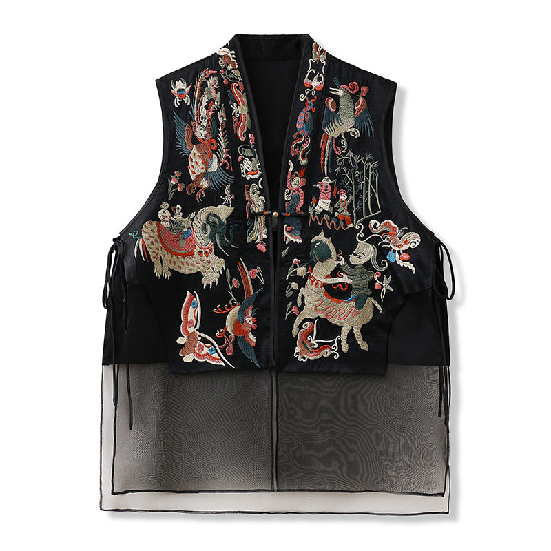 2026 New Chinese Style Silk Embroidered Mesh Patchwork Vintage Vest