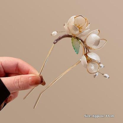 U Hairpin Glass White Magnolia Chinese Style Forest Fairy Cheongsam Accessory