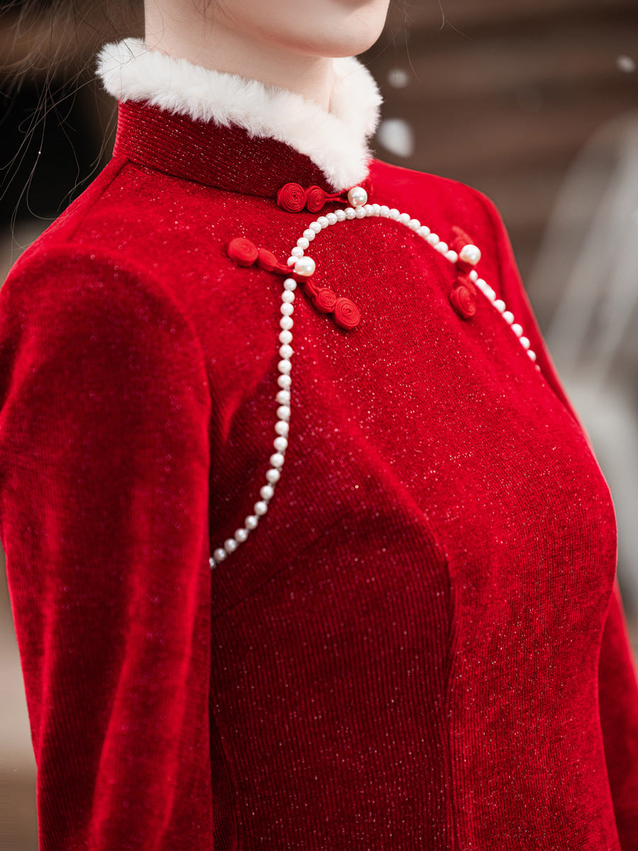 2025 New Improved Qipao – Warm Red High-End Autumn Winter Style