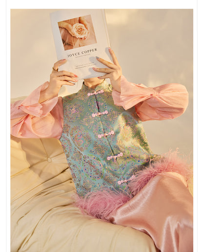 Ostrich Feather Detachable Vest – Elegant New Chinese Style Top