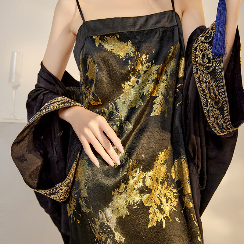 Summer New Chinese Printed Rayon Shirt & Strap Dress Set