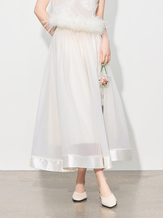 Double-Layer Mesh Patchwork Long Skirt with Elastic Waist