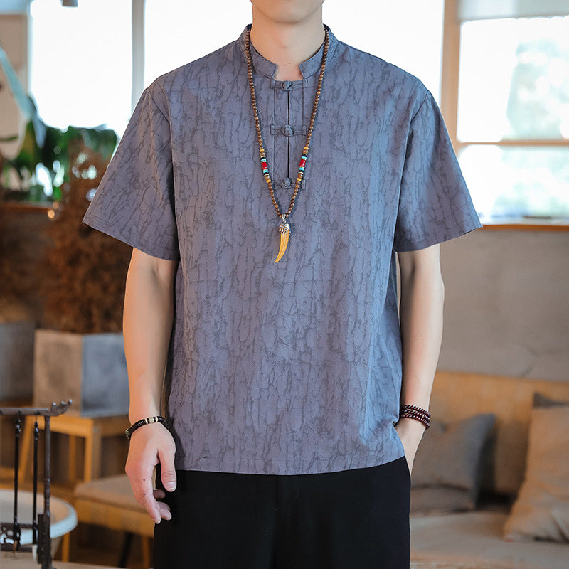 Chinese Style Mens Cotton Linen Tang Suit Short Sleeve Casual T Shirt