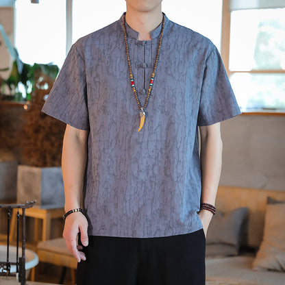 Chinese Style Mens Cotton Linen Tang Suit Short Sleeve Casual T Shirt