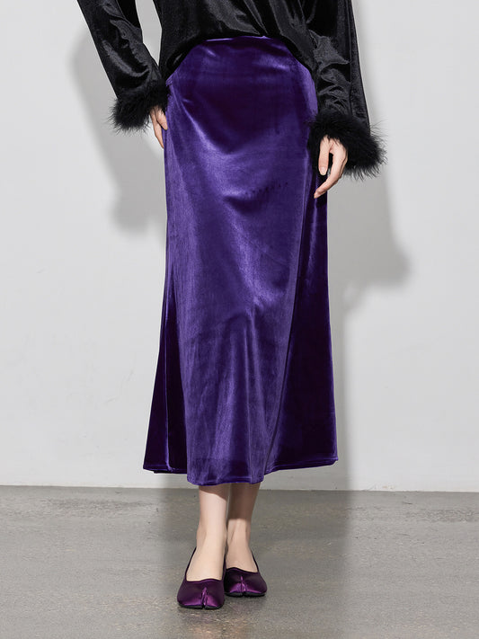 Chic Vintage High-Waist Velvet Long Skirt