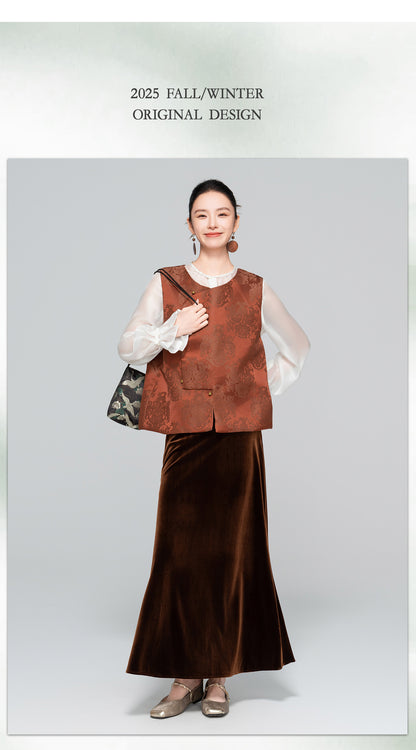 Slimming High-Waist Silk Velvet Midi Skirt for Women