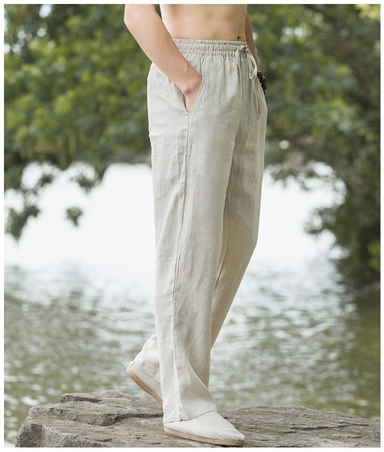 Mens Summer Thin Breathable Linen Pants Cotton Linen Wide Leg Casual