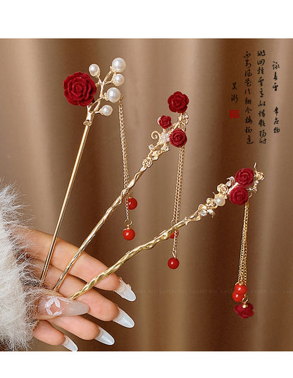 Velvet Rose Hairpin | Elegant Chinese Style Ancient Tassel Ornament