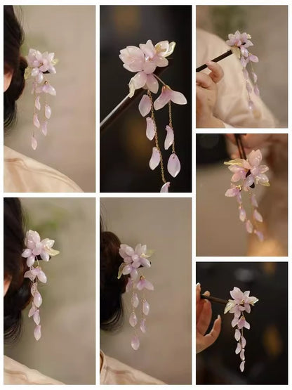 New Chinese Style Begonia Flower Hairpin Cheongsam Fairy Tassel Wooden Hairpin