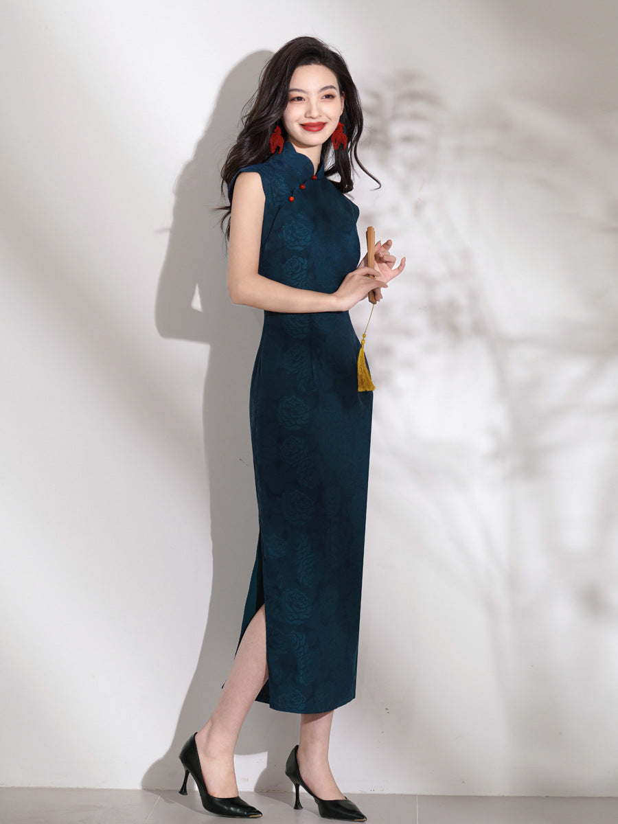 Improved Blue Cheongsam – 2025 Youth Daily Elegant Dress