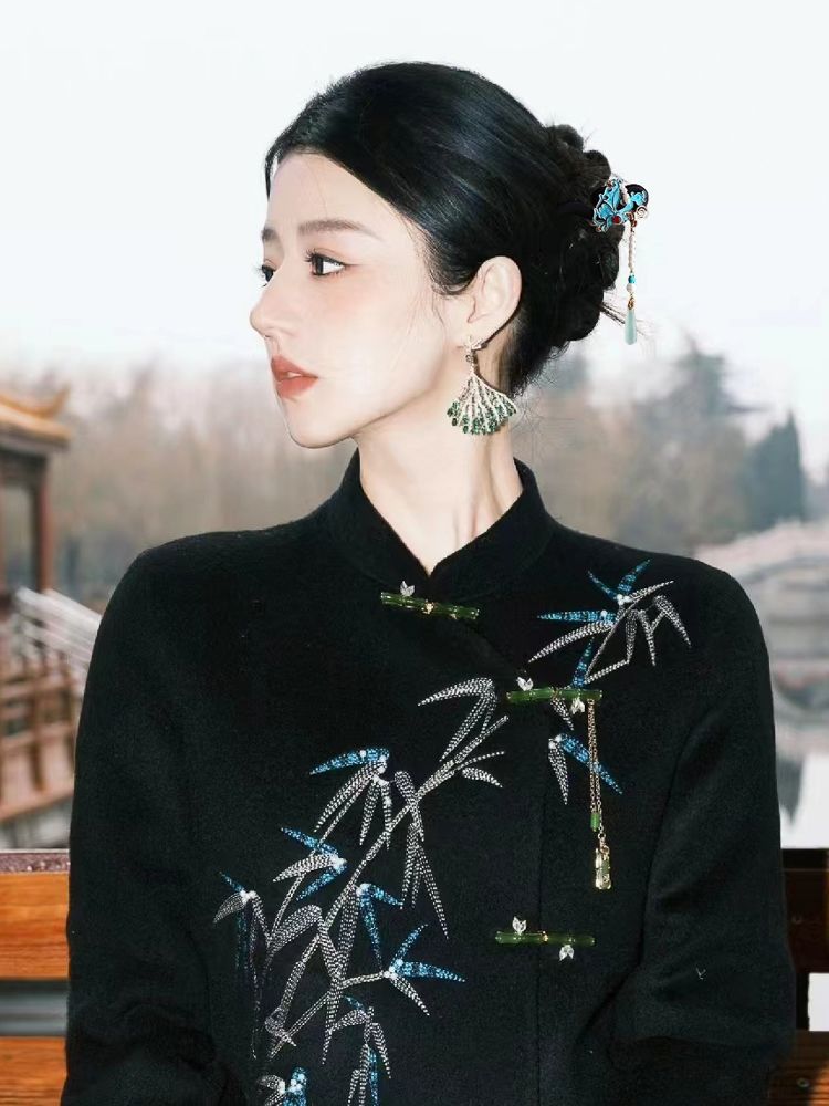 Ancient Style Imitation Jade Burnt Blue Butterfly Double Sided Hairpin