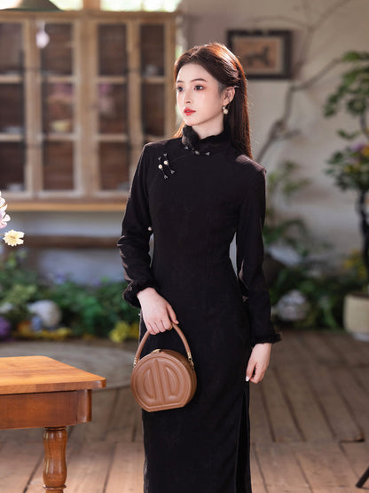 2025 New Black Thickened Cheongsam | Elegant Daily Warm Winter Dress