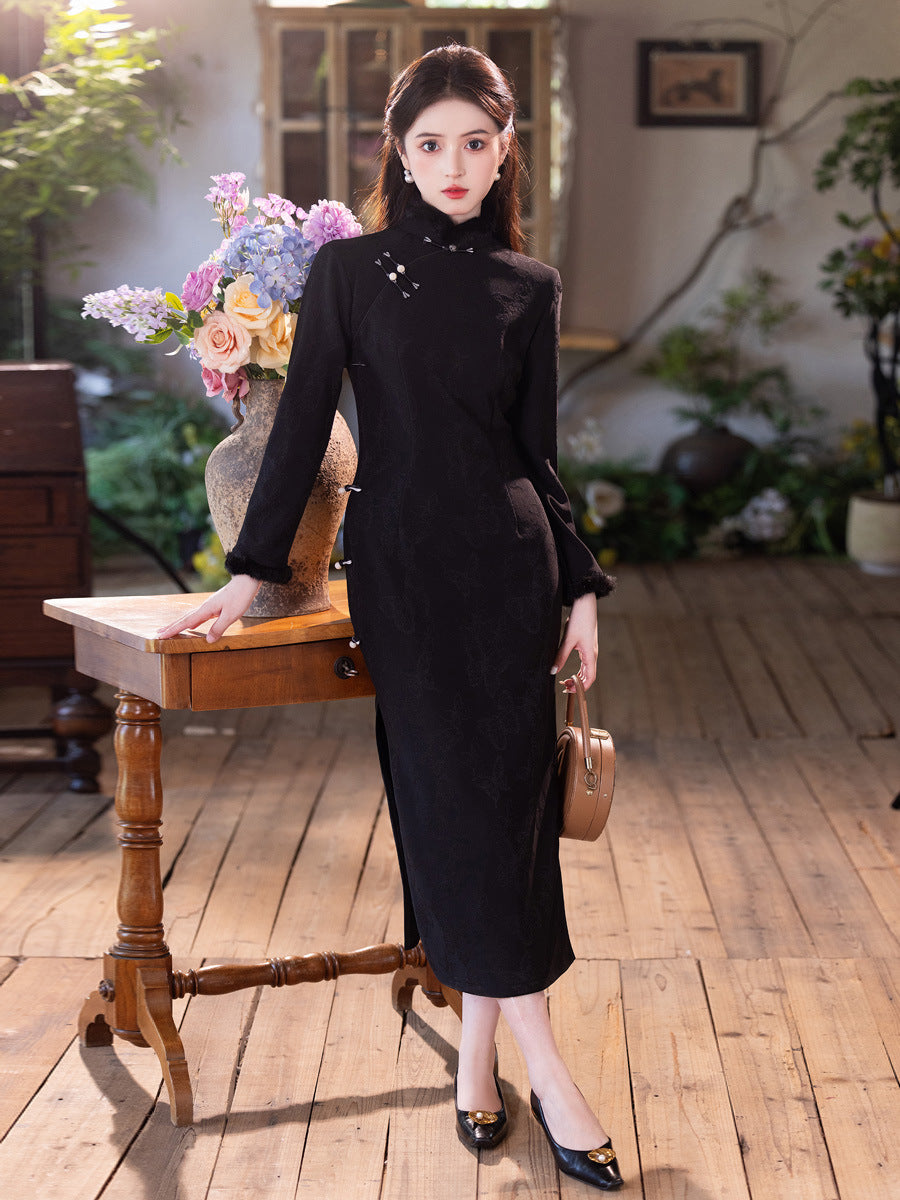 2025 New Black Thickened Cheongsam | Elegant Daily Warm Winter Dress