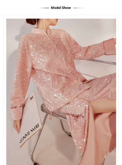 New Chinese Satin Floral Sequin Button Light Luxury Loose Coat