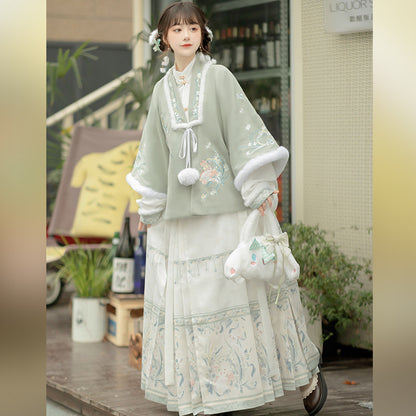 Trees of Sea Women Ming Hanfu Set: Fleece Lined Embroidered Collared Jacket & Horse Face Skirt New Year Outfit