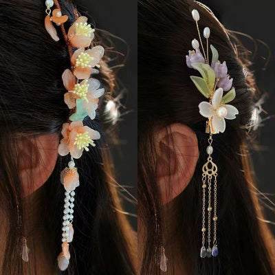 Orchid tassel headdress with side clips and new Chinese flower hairpins