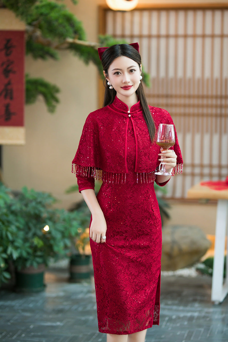 Elegant Red Two-Piece Cheongsam – Autumn Wedding Event Dress