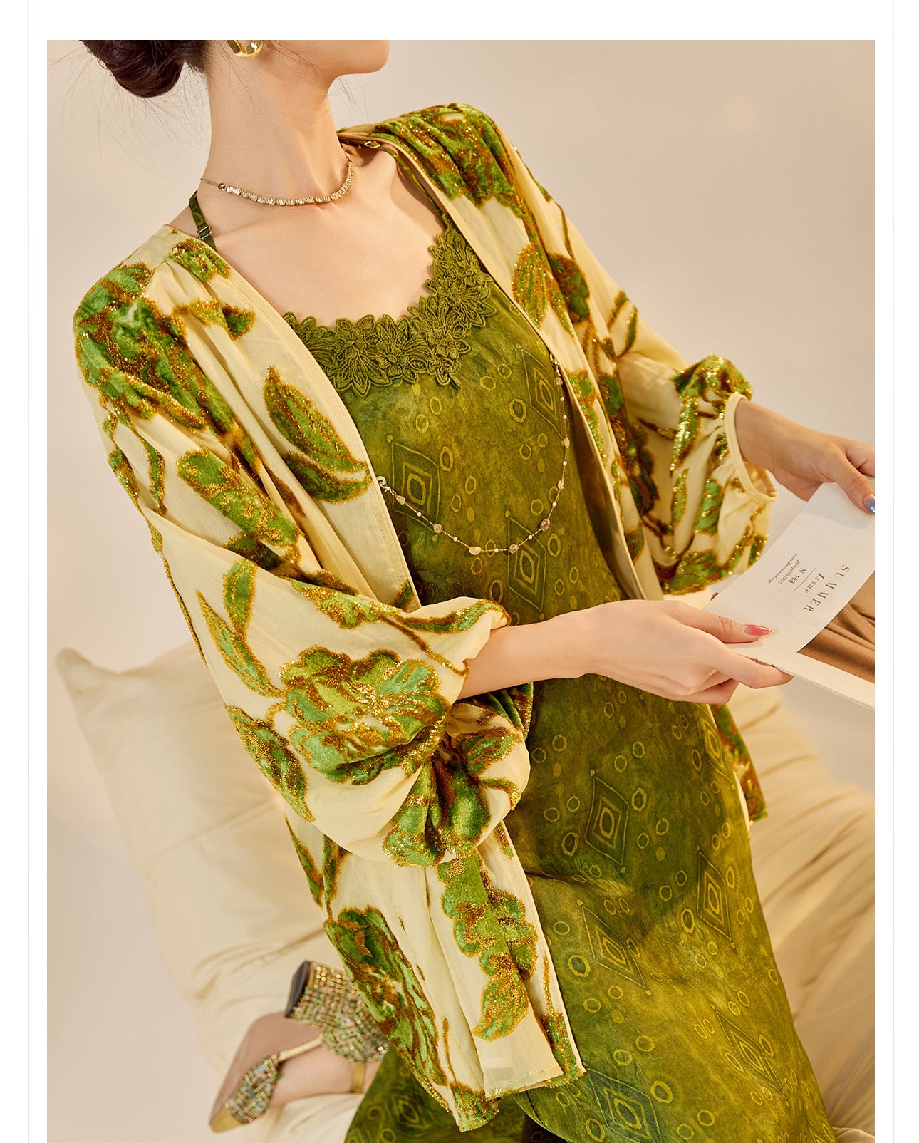 Velvet Burnout Jacket & Printed Cardigan Dress Set for Autumn