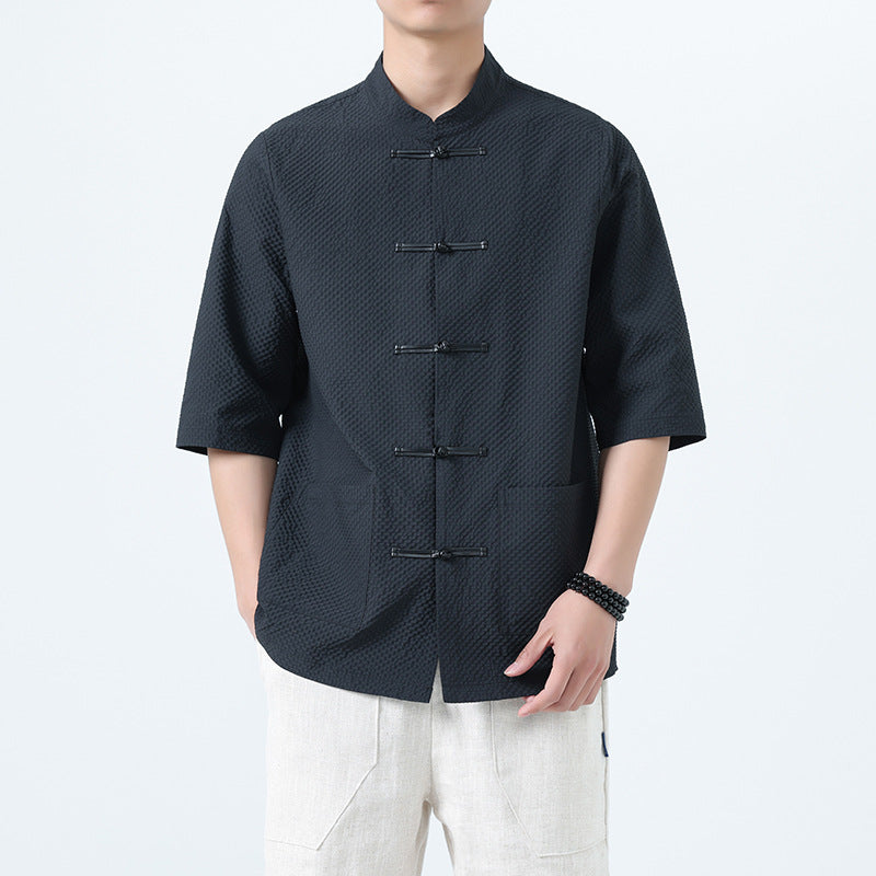 Mens Chinese Cotton Linen Shirt Retro Stand Collar Tang Suit Top