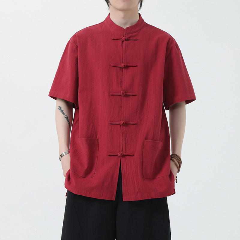 Chinese Style Mens Cotton Linen Shirt Half Sleeve Button Up Casual Top