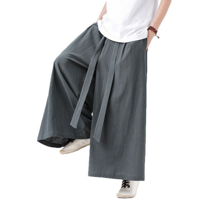 Mens Chinese Style Hanfu Linen Nine Point Retro Wide Leg Pants