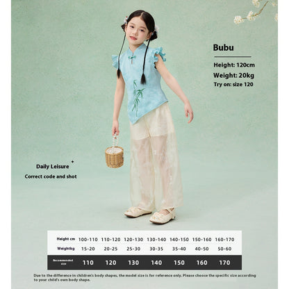 Children’s Chinese Summer Set — Shirt Top & Loose Wide-Leg Pants