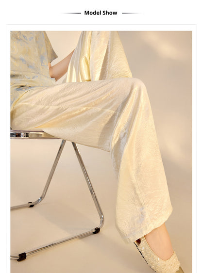New Chinese Style High-Waist Wide-Leg Acetate Pants for Women