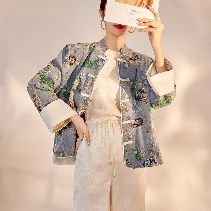 Blue Sequin Embroidered Denim Jacket High-End New Chinese Style