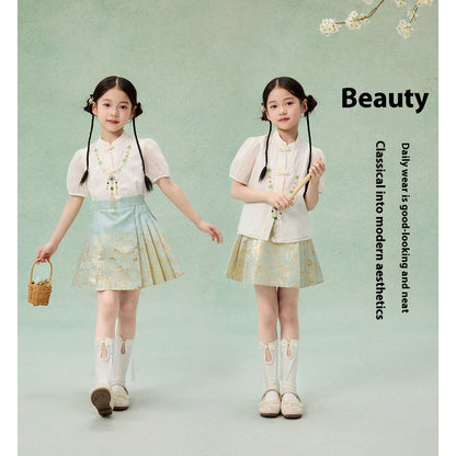 Girls Summer Hanfu Set — Short Sleeve Shirt & Mamian Skirt Two-Piece