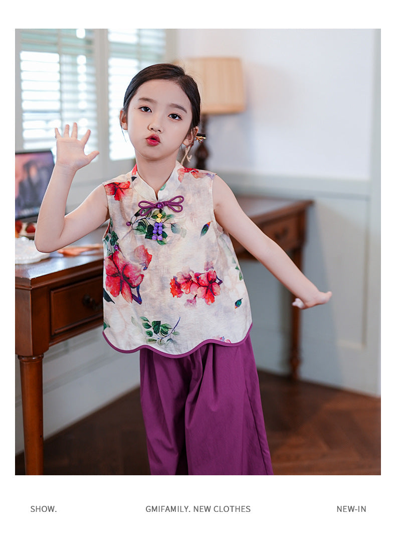 Retro Republic Style Girls Two-Piece — Improved Shirt & Pants Set