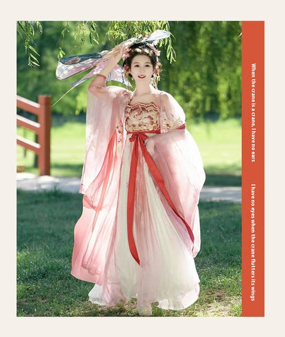 Fairy Hanfu Costume — Hibiscus Embroidered Shirt & Flowing Skirt Outfit