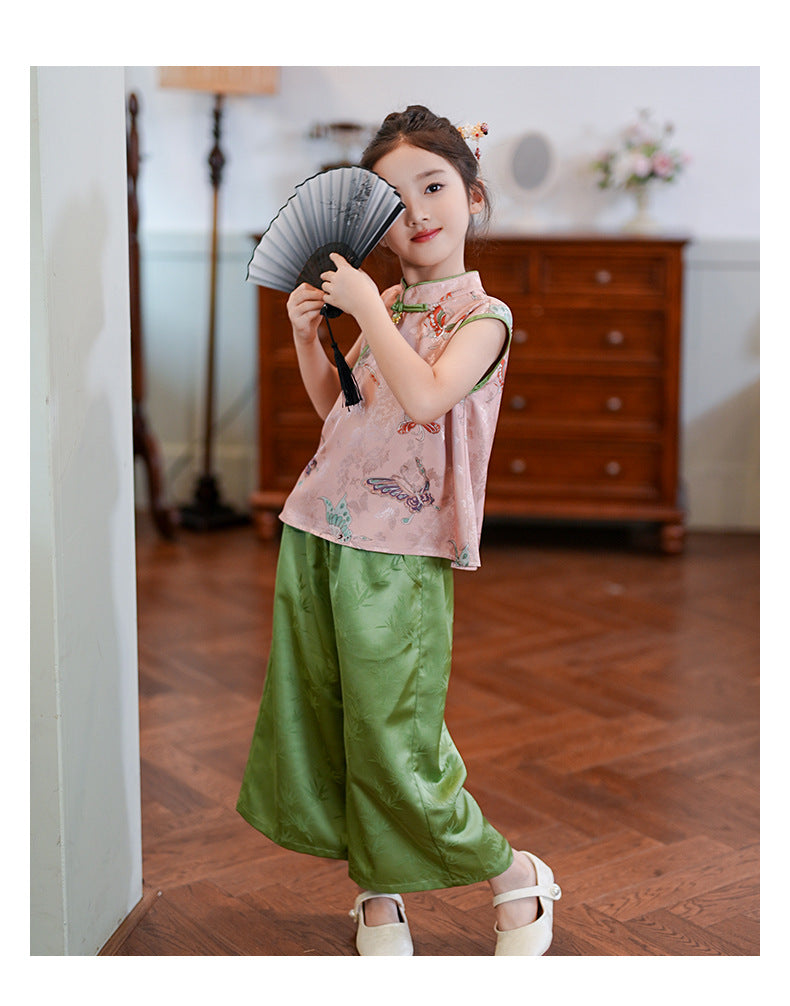 Retro Chinese Style Girls Two-Piece — Summer Cheongsam Top & Skirt