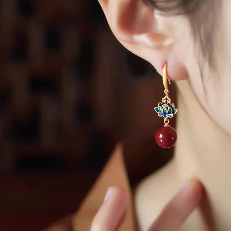 Natural Lotus Earrings for Women Red Chinese Style Retro Lucky Bead Earrings2025New