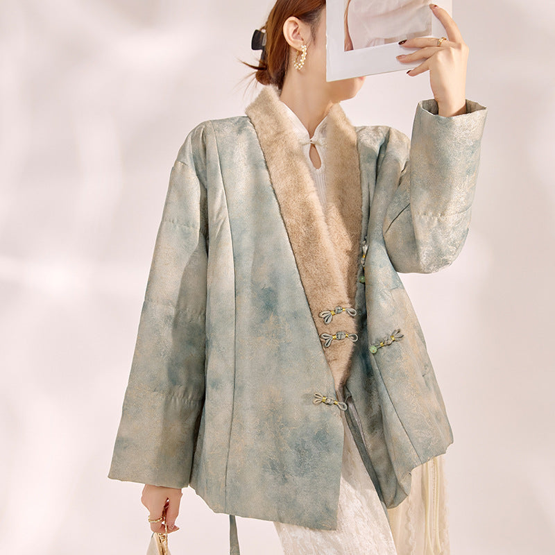 New Chinese Style Feather Collar Embroidered Cotton Jacket for Women