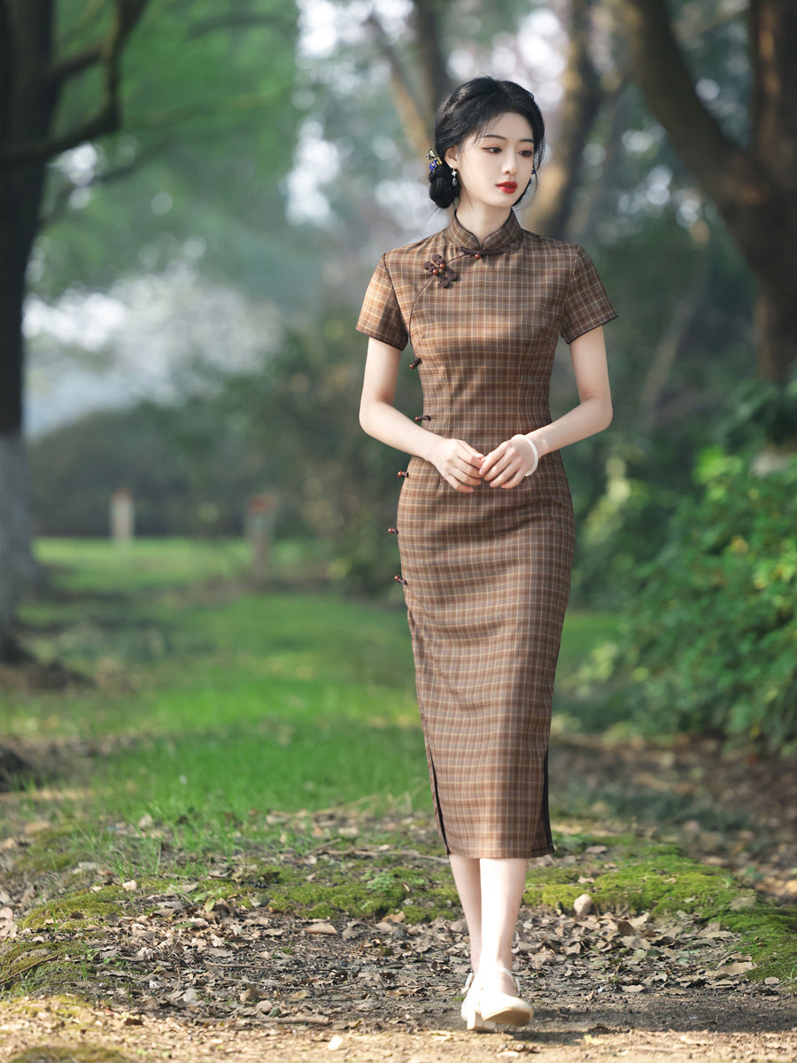 Striped Cotton Linen Cheongsam – 2025 Vintage Artistic Dress