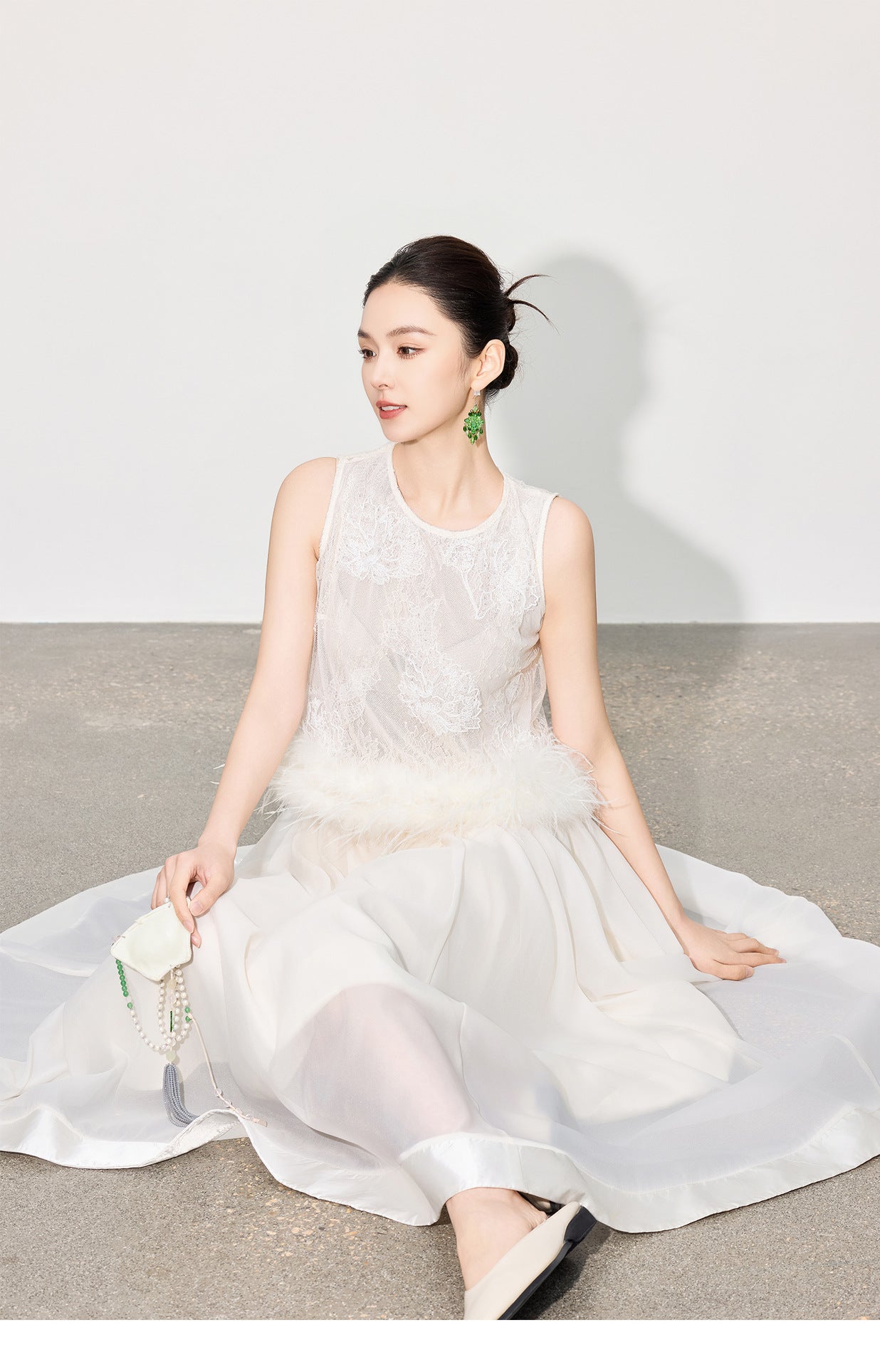 Double-Layer Mesh Patchwork Long Skirt with Elastic Waist